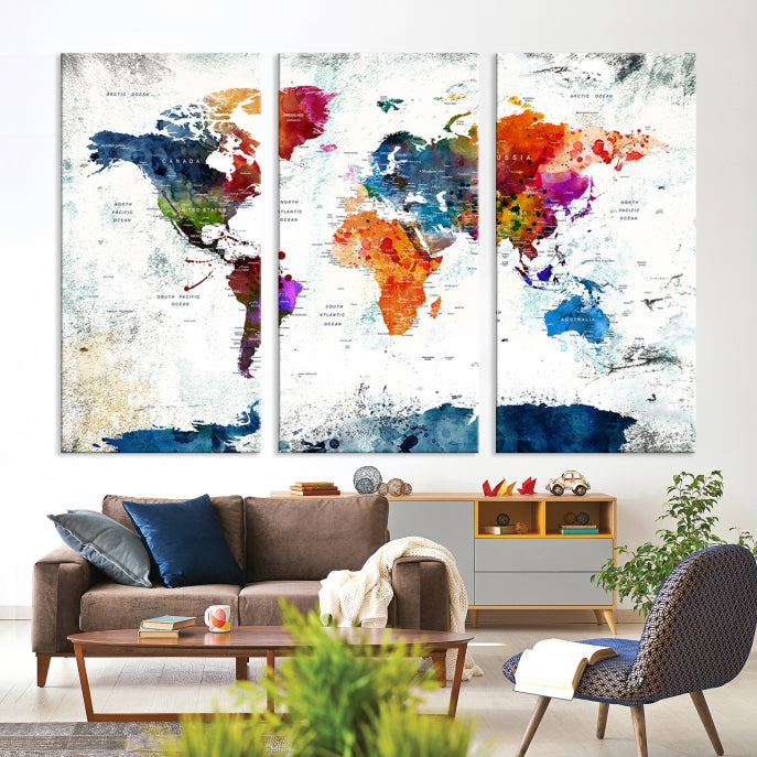 Extra Large Watercolor Detailed Push Pin World Map Poster Print Canvas Wall Art