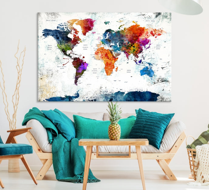 Extra Large Watercolor Detailed Push Pin World Map Poster Print Canvas Wall Art