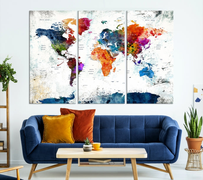 Extra Large Watercolor Detailed Push Pin World Map Poster Print Canvas Wall Art