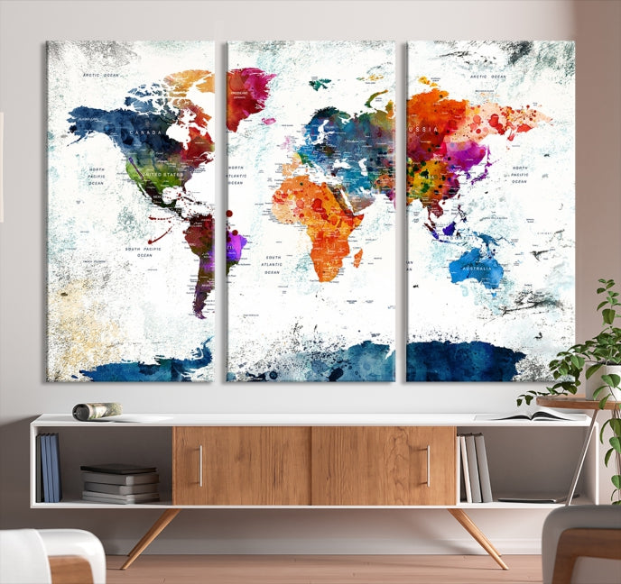 Extra Large Watercolor Detailed Push Pin World Map Poster Print Canvas Wall Art