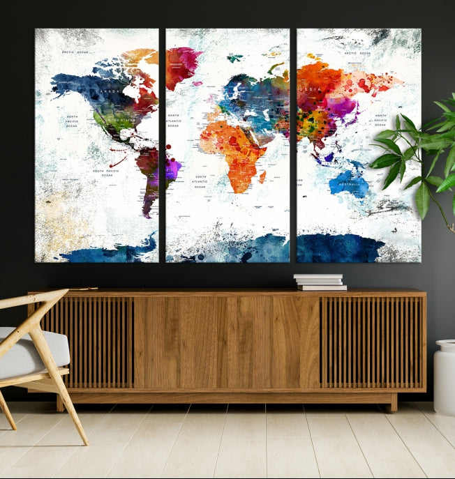 Extra Large Watercolor Detailed Push Pin World Map Poster Print Canvas Wall Art