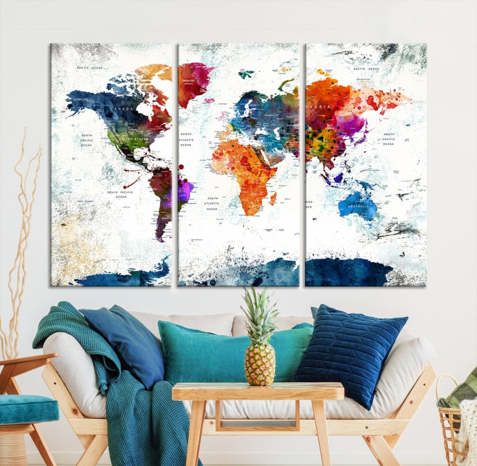 Extra Large Watercolor Detailed Push Pin World Map Poster Print Canvas Wall Art