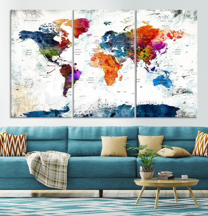 Extra Large Watercolor Detailed Push Pin World Map Poster Print Canvas Wall Art