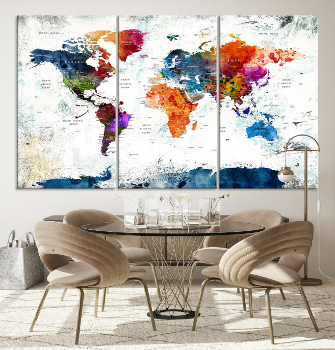 Extra Large Watercolor Detailed Push Pin World Map Poster Print Canvas Wall Art