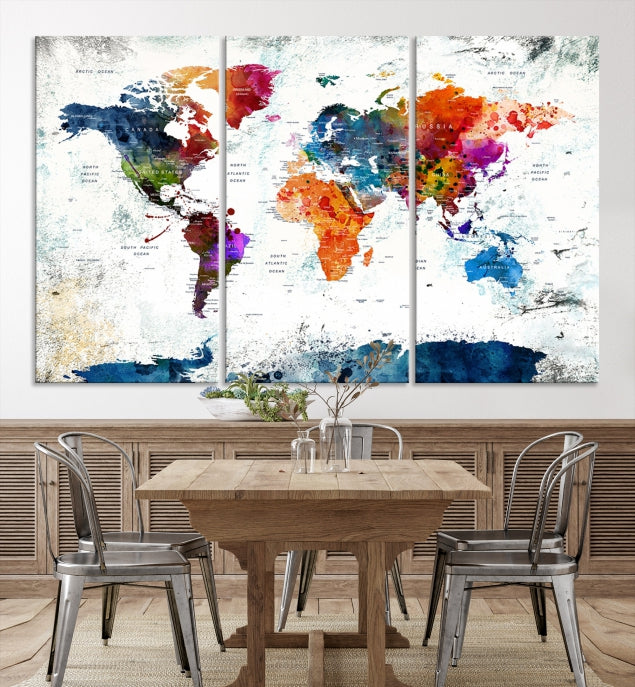 Extra Large Watercolor Detailed Push Pin World Map Poster Print Canvas Wall Art