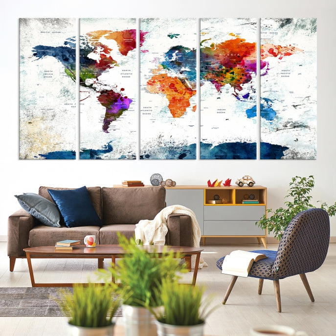 Extra Large Watercolor Detailed Push Pin World Map Poster Print Canvas Wall Art