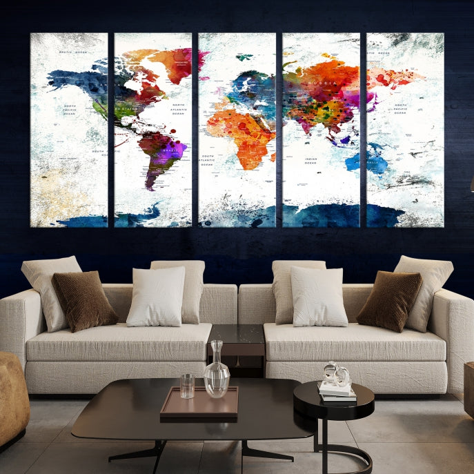 Extra Large Watercolor Detailed Push Pin World Map Poster Print Canvas Wall Art