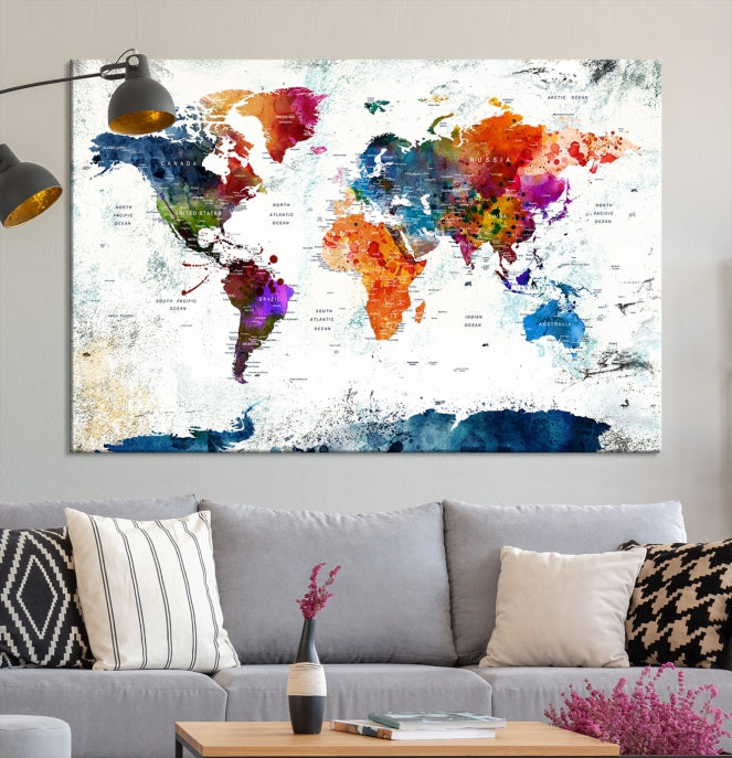 Extra Large Watercolor Detailed Push Pin World Map Poster Print Canvas Wall Art