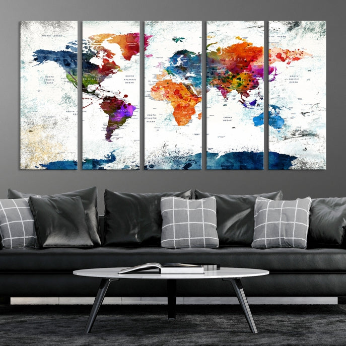 Extra Large Watercolor Detailed Push Pin World Map Poster Print Canvas Wall Art