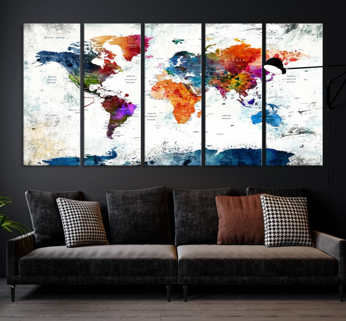 Extra Large Watercolor Detailed Push Pin World Map Poster Print Canvas Wall Art