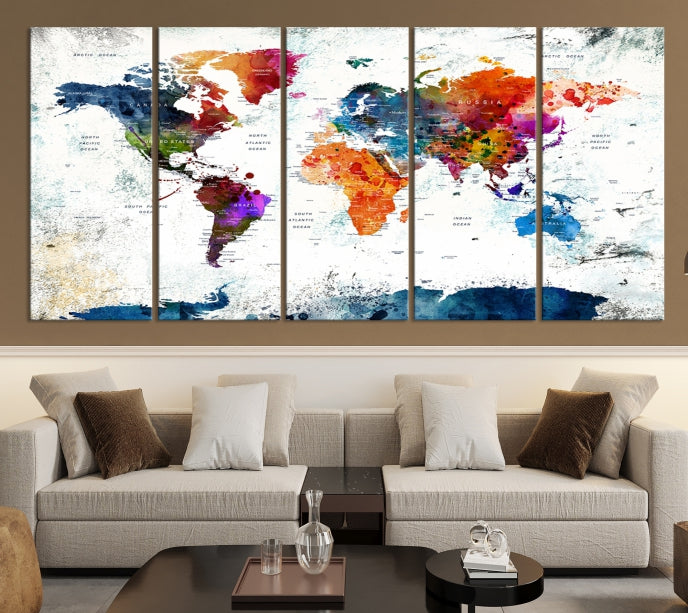 Extra Large Watercolor Detailed Push Pin World Map Poster Print Canvas Wall Art