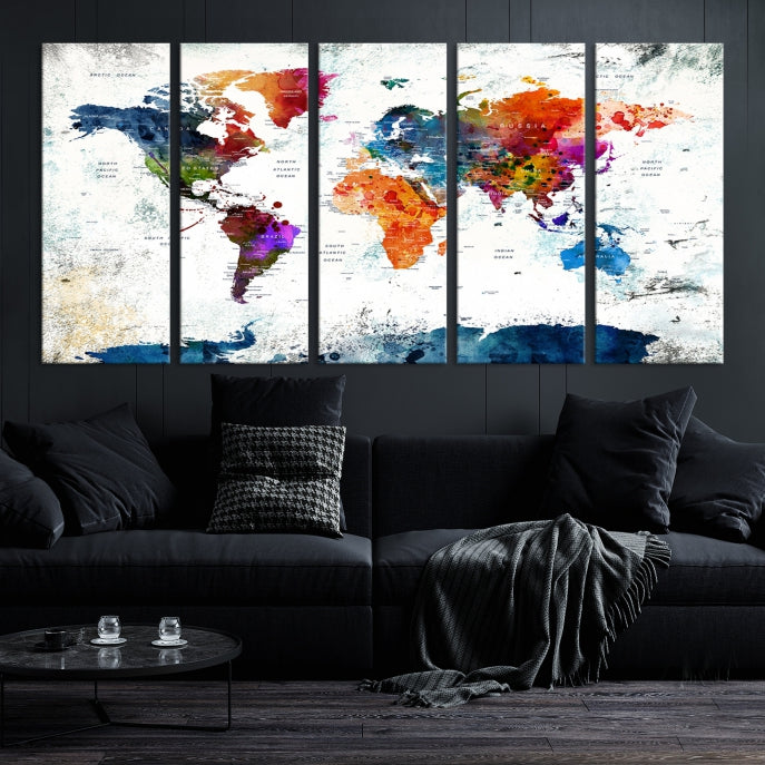 Extra Large Watercolor Detailed Push Pin World Map Poster Print Canvas Wall Art