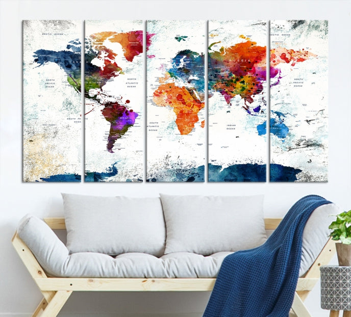 Extra Large Watercolor Detailed Push Pin World Map Poster Print Canvas Wall Art