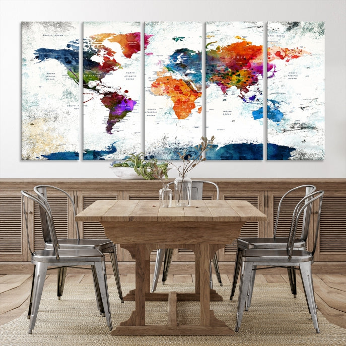 Extra Large Watercolor Detailed Push Pin World Map Poster Print Canvas Wall Art