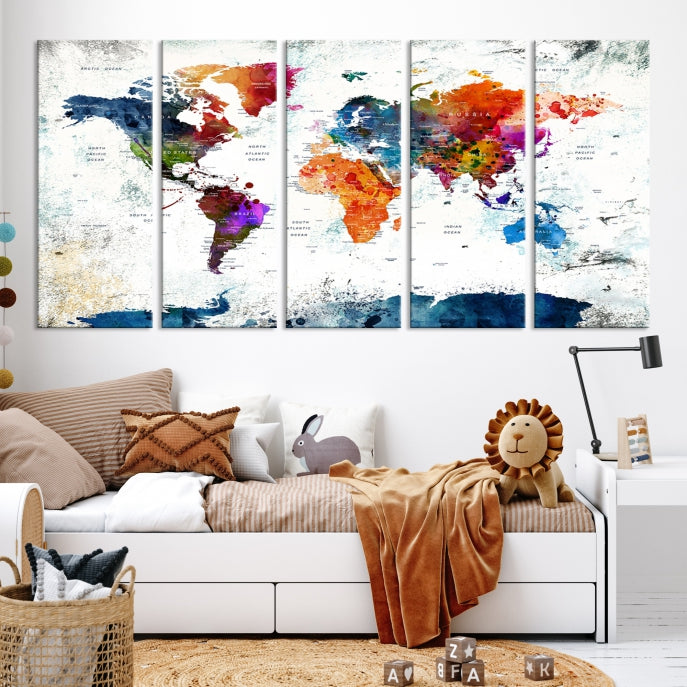 Extra Large Watercolor Detailed Push Pin World Map Poster Print Canvas Wall Art