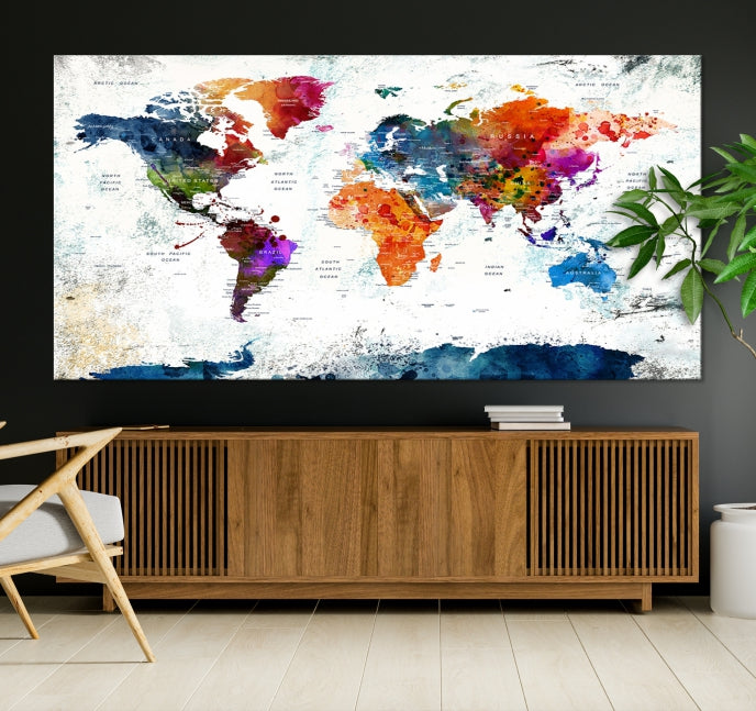 Extra Large Watercolor Detailed Push Pin World Map Poster Print Canvas Wall Art