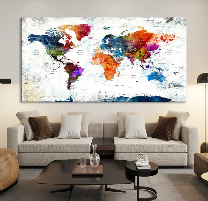 Extra Large Watercolor Detailed Push Pin World Map Poster Print Canvas Wall Art