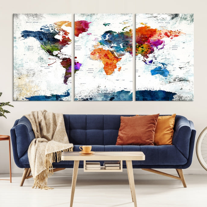 Extra Large Watercolor Detailed Push Pin World Map Poster Print Canvas Wall Art