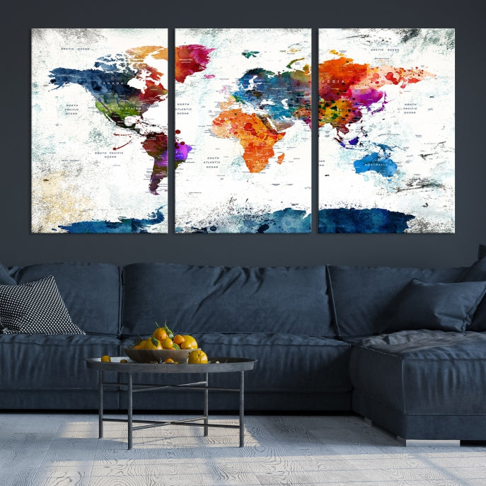 Extra Large Watercolor Detailed Push Pin World Map Poster Print Canvas Wall Art