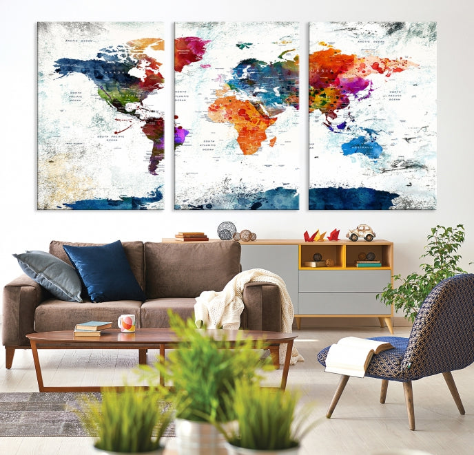 Extra Large Watercolor Detailed Push Pin World Map Poster Print Canvas Wall Art