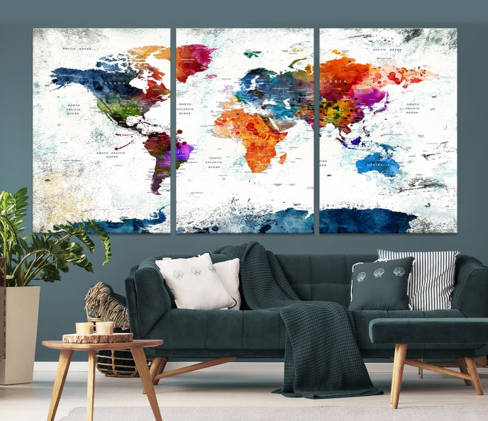 Extra Large Watercolor Detailed Push Pin World Map Poster Print Canvas Wall Art