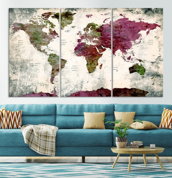 Extra Large Watercolor Detailed Push Pin World Map Poster Print Map Canvas Art