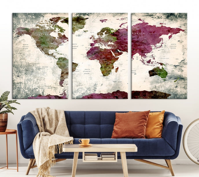 Extra Large Watercolor Detailed Push Pin World Map Poster Print Map Canvas Art