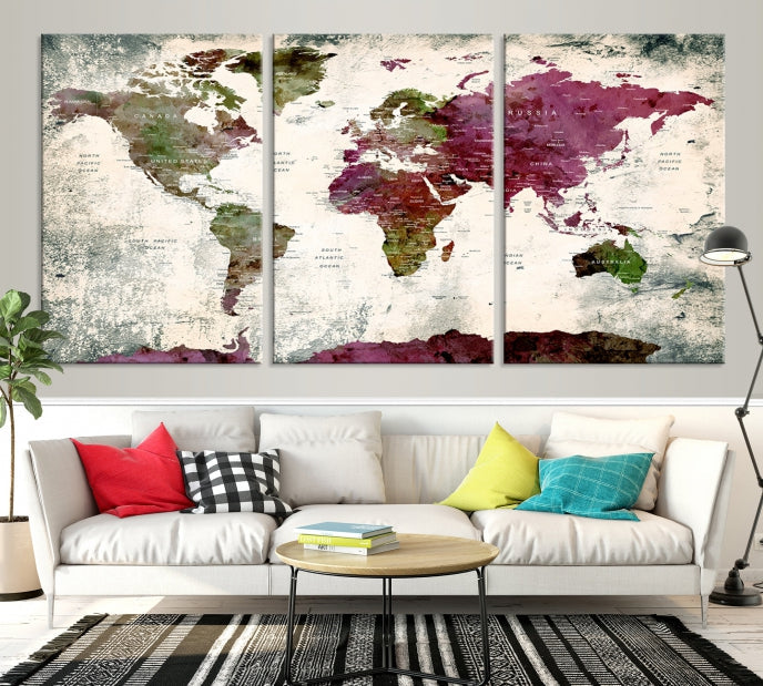 Extra Large Watercolor Detailed Push Pin World Map Poster Print Map Canvas Art