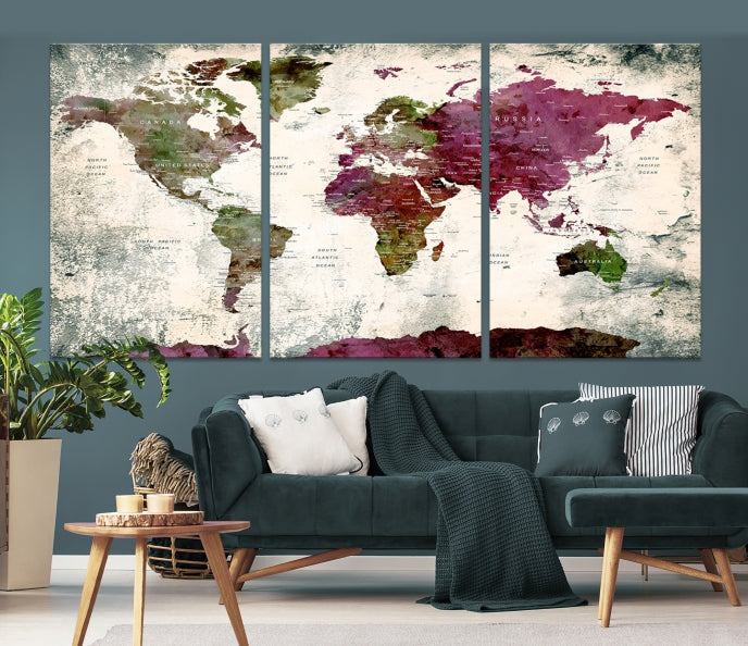 Extra Large Watercolor Detailed Push Pin World Map Poster Print Map Canvas Art