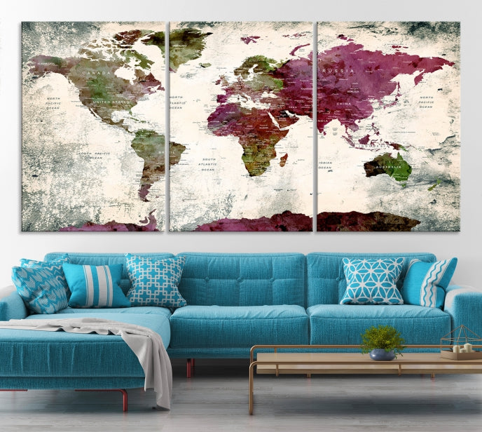 Extra Large Watercolor Detailed Push Pin World Map Poster Print Map Canvas Art