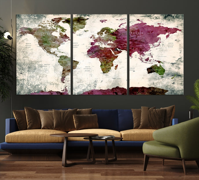 Extra Large Watercolor Detailed Push Pin World Map Poster Print Map Canvas Art