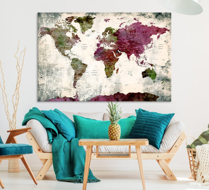 Extra Large Watercolor Detailed Push Pin World Map Poster Print Map Canvas Art