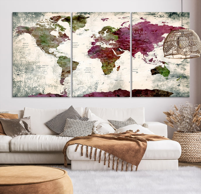 Extra Large Watercolor Detailed Push Pin World Map Poster Print Map Canvas Art