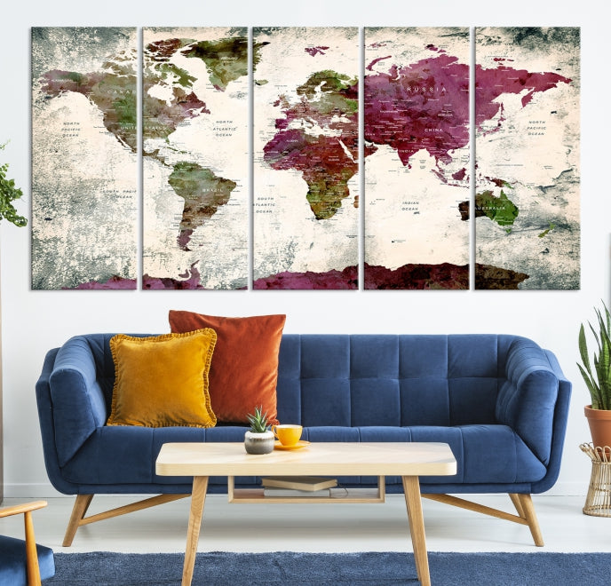 Extra Large Watercolor Detailed Push Pin World Map Poster Print Map Canvas Art