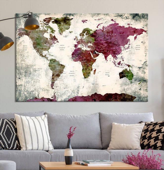 Extra Large Watercolor Detailed Push Pin World Map Poster Print Map Canvas Art