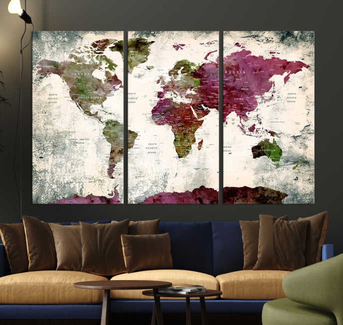 Extra Large Watercolor Detailed Push Pin World Map Poster Print Map Canvas Art