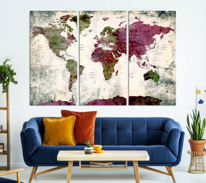 Extra Large Watercolor Detailed Push Pin World Map Poster Print Map Canvas Art