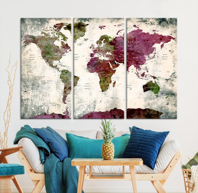 Extra Large Watercolor Detailed Push Pin World Map Poster Print Map Canvas Art