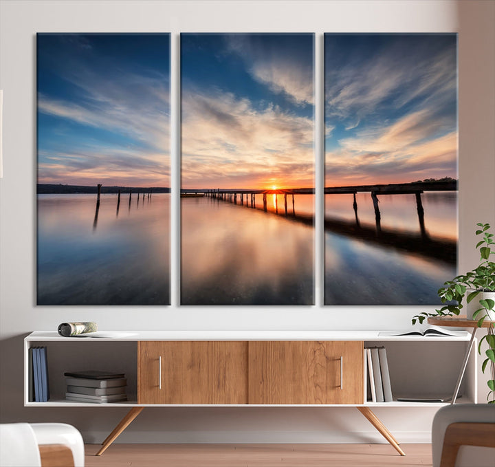 Extra Large Wooden Pier Sunset Beach Canvas Wall Art Coastal Print