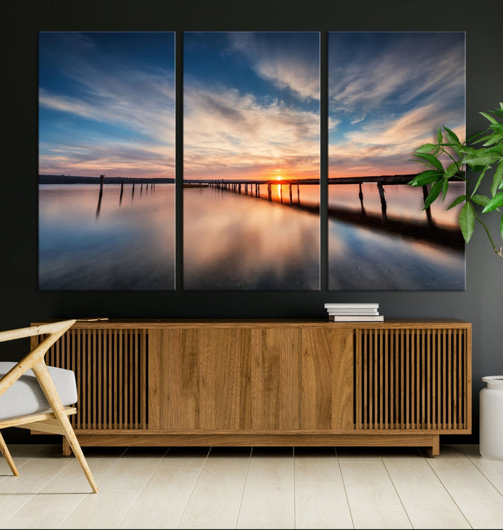 Extra Large Wooden Pier Sunset Beach Canvas Wall Art Coastal Print