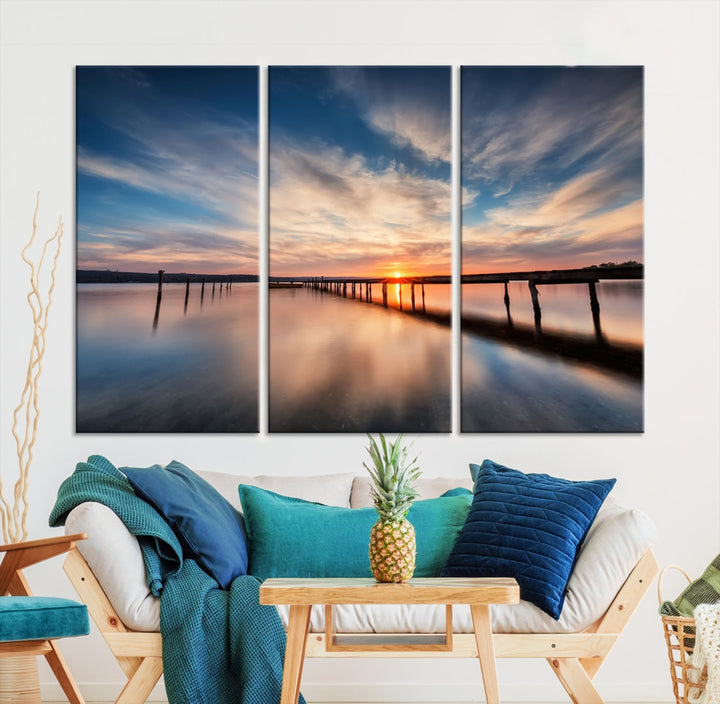 Extra Large Wooden Pier Sunset Beach Canvas Wall Art Coastal Print