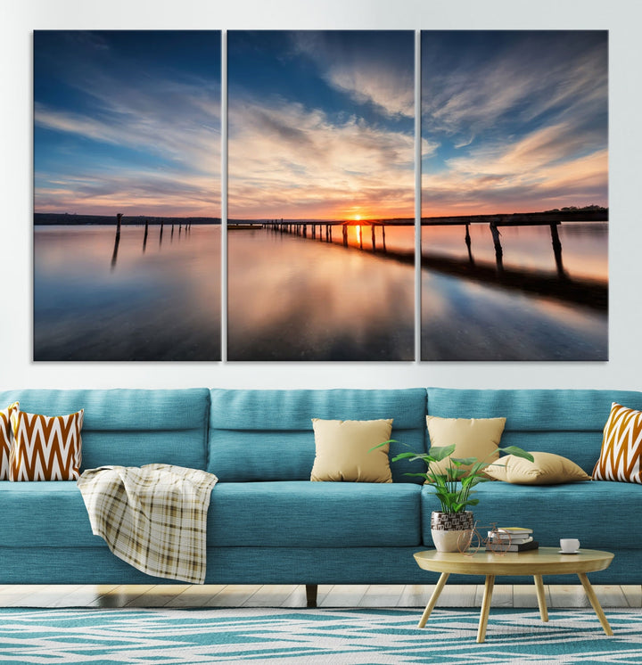 Extra Large Wooden Pier Sunset Beach Canvas Wall Art Coastal Print