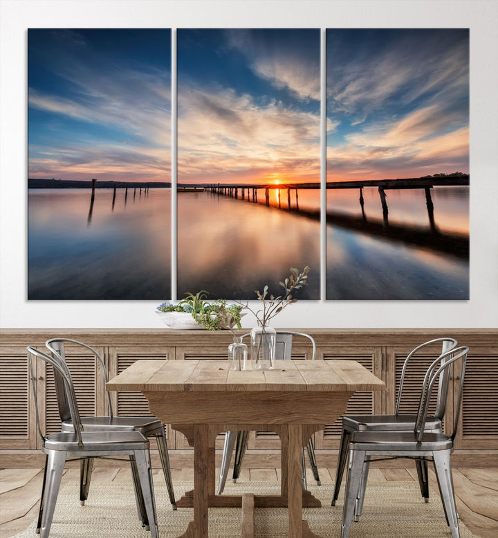 Extra Large Wooden Pier Sunset Beach Canvas Wall Art Coastal Print