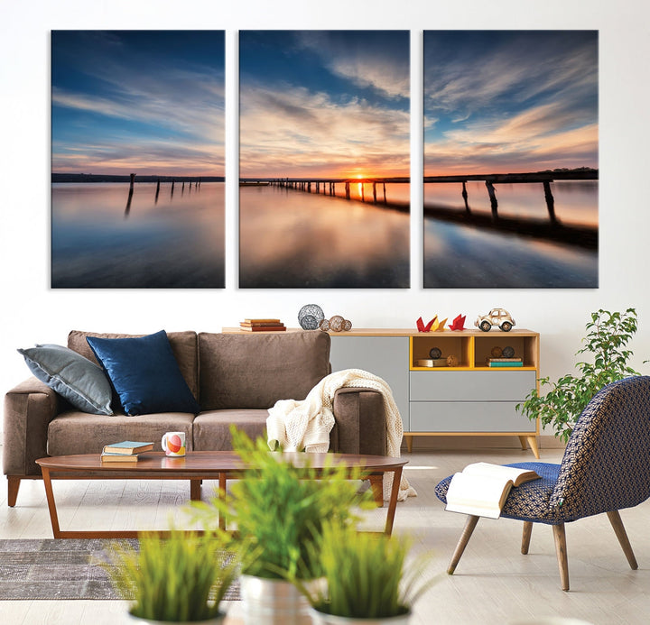 Extra Large Wooden Pier Sunset Beach Canvas Wall Art Coastal Print