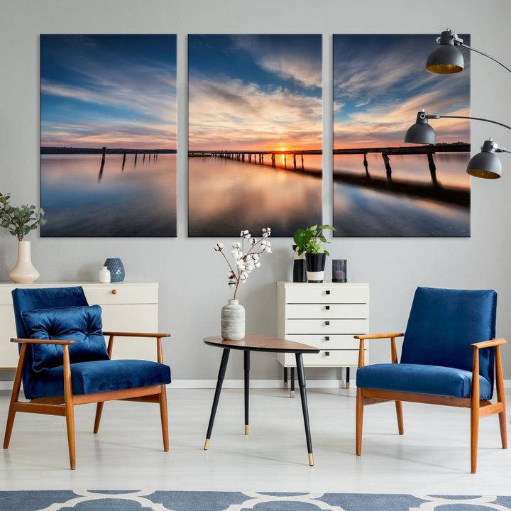 Extra Large Wooden Pier Sunset Beach Canvas Wall Art Coastal Print