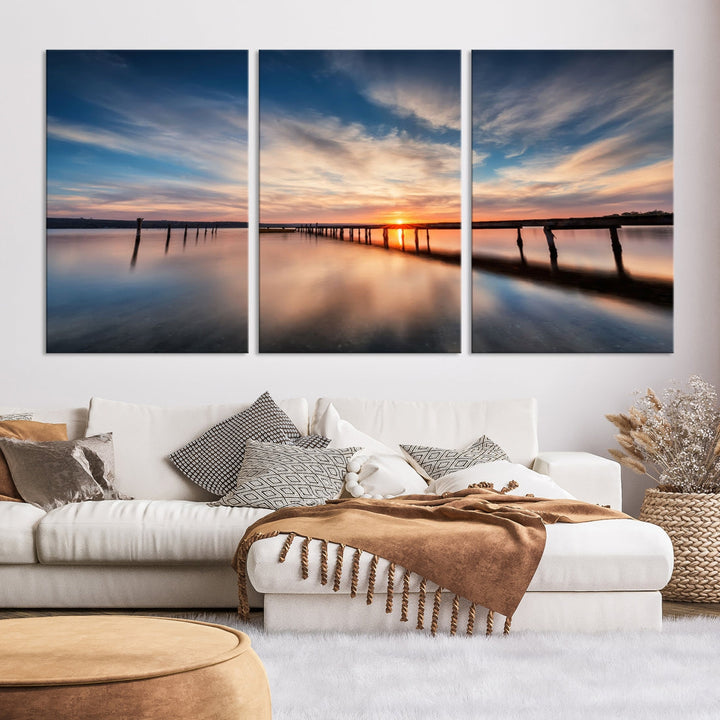 Extra Large Wooden Pier Sunset Beach Canvas Wall Art Coastal Print