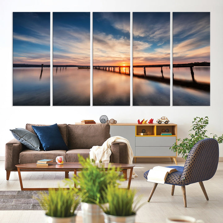 Extra Large Wooden Pier Sunset Beach Canvas Wall Art Coastal Print