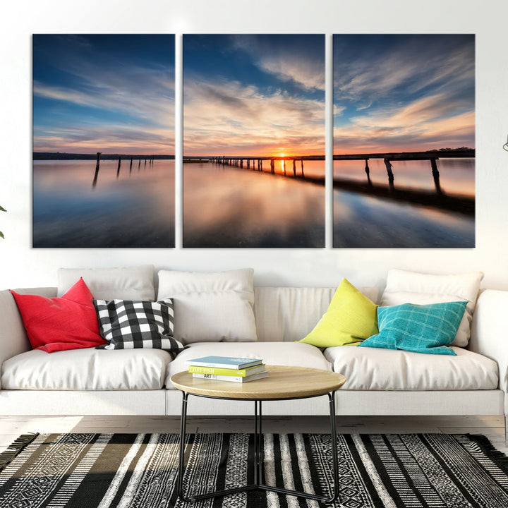 Extra Large Wooden Pier Sunset Beach Canvas Wall Art Coastal Print