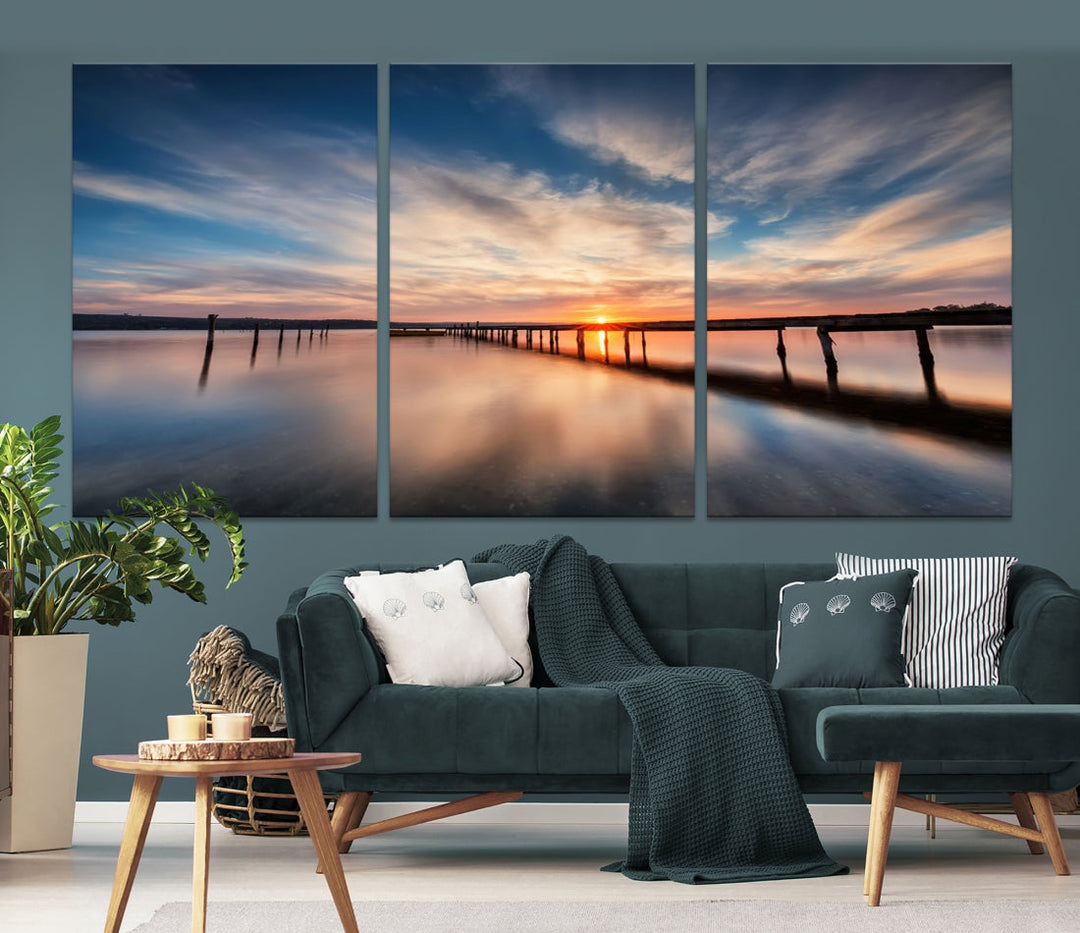 Extra Large Wooden Pier Sunset Beach Canvas Wall Art Coastal Print