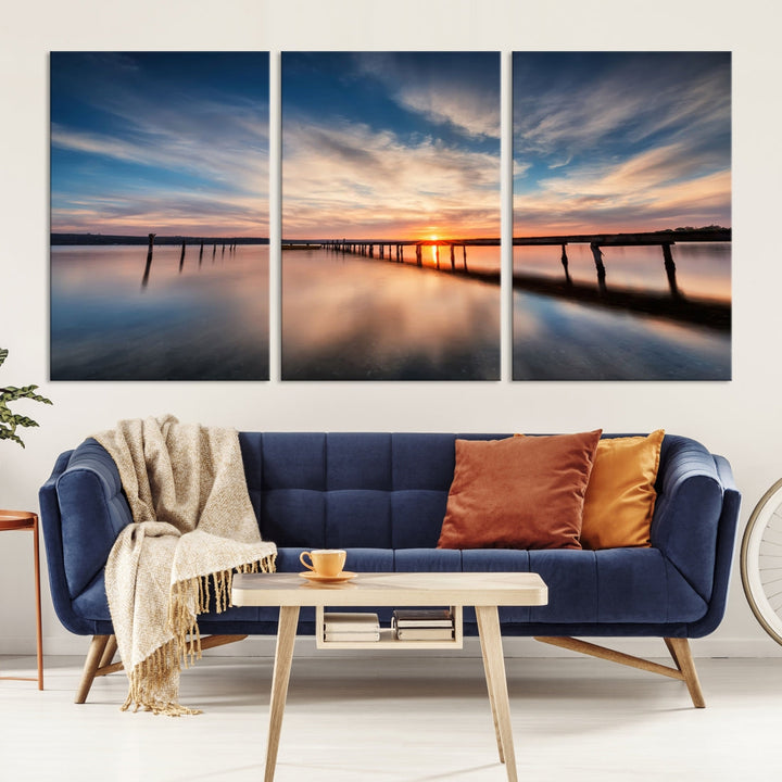 Extra Large Wooden Pier Sunset Beach Canvas Wall Art Coastal Print